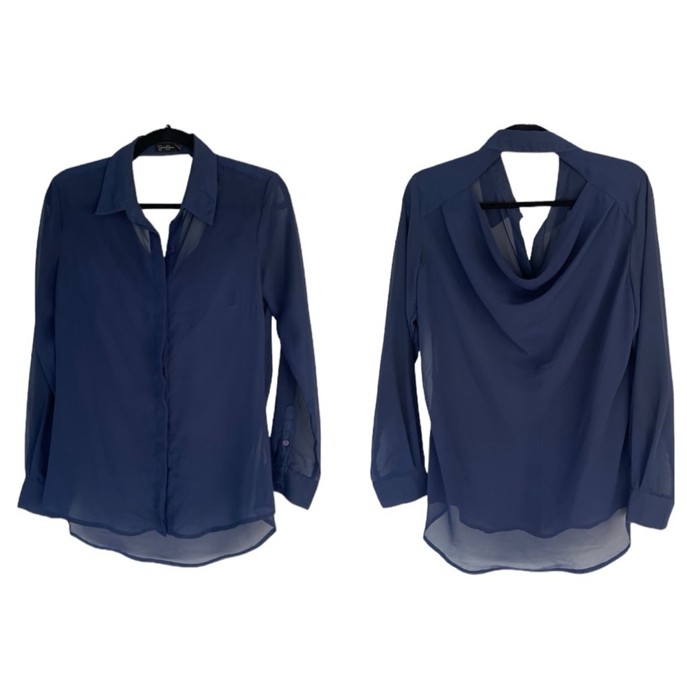 Jessica Simpson Drape Open Back Button Down Blouse Sheer Long Sleeve Top Medium